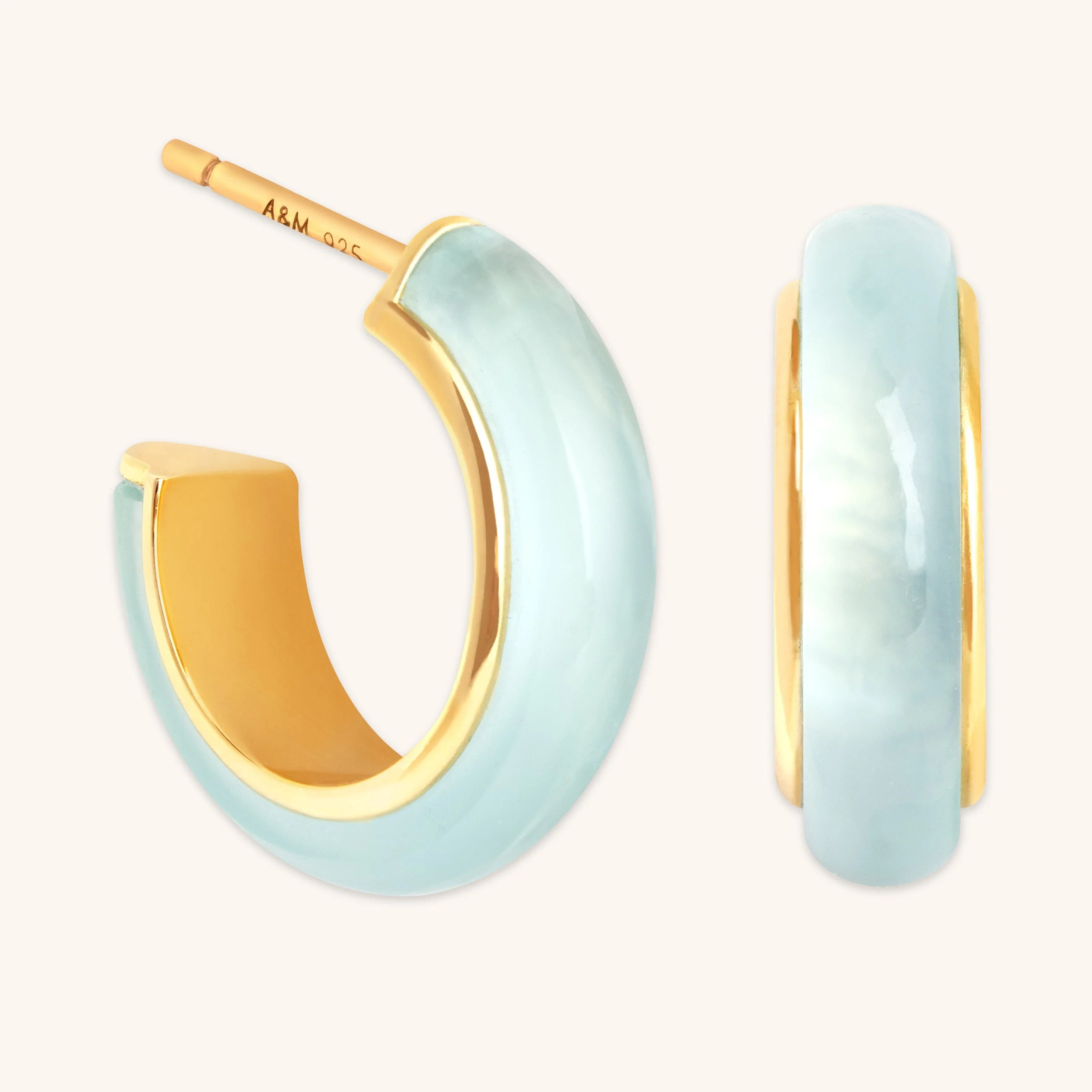 Aqua Chalcedony Carved Dome Hoops in Gold | Astrid & Miyu UK