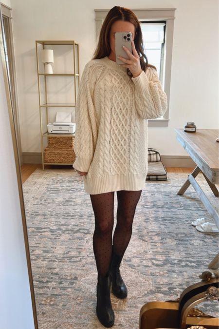 Lighting deal on my sweater dress! 49% off - wearing a small. Amazon fashion, winter outfit, polka dot tights, Chelsea boots, sale  

#LTKstyletip #LTKunder50 #LTKFind