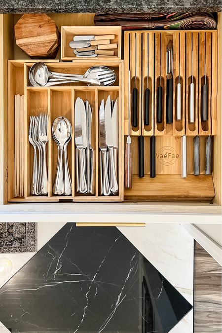 I organized this drawer with an expandable bamboo organizer, wood knife block, and a bamboo box.  The expandable organizer is great for any size drawer.

#LTKfamily #LTKhome #LTKFind