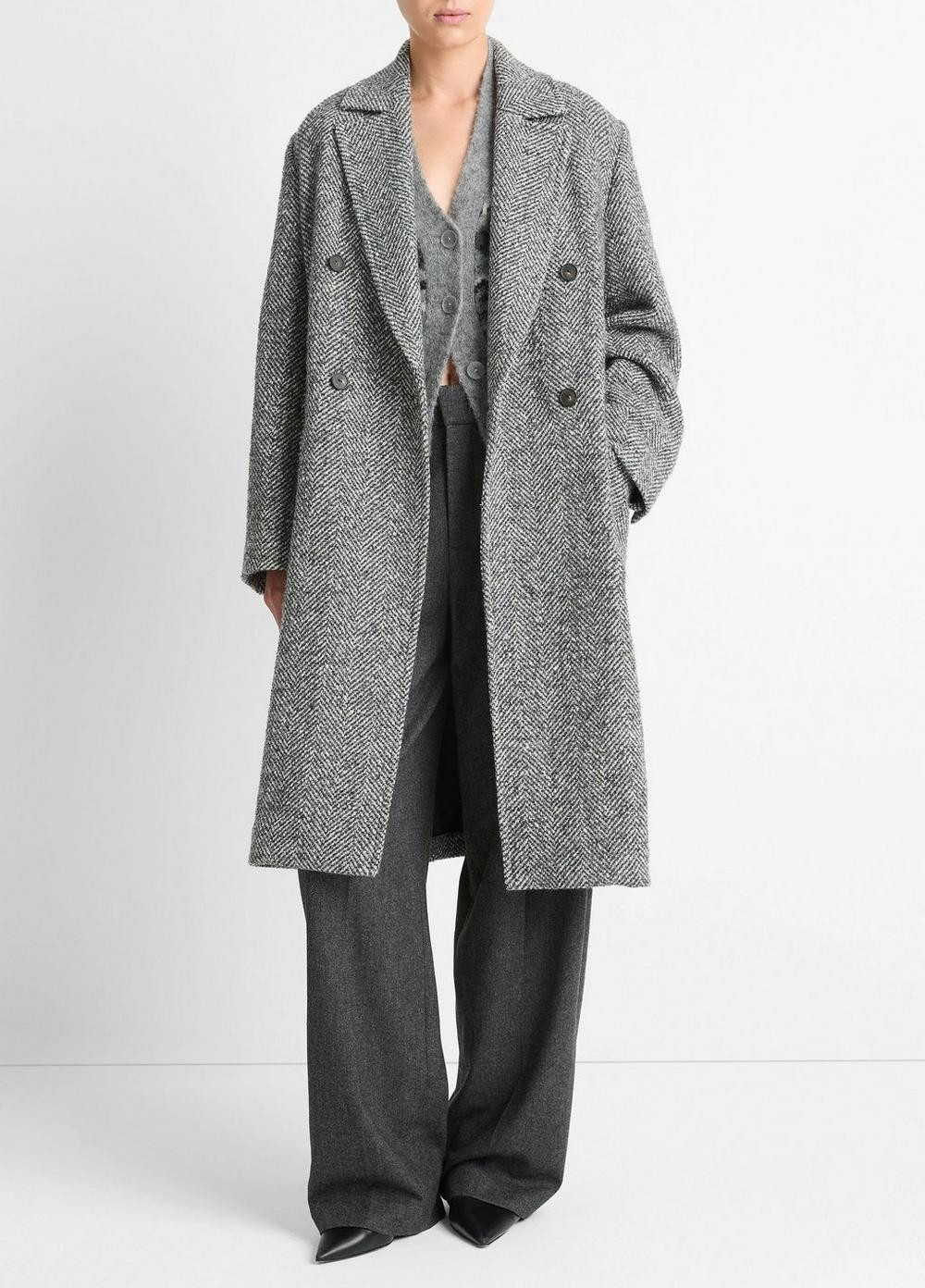 Women's Italian Herringbone Wool-Blend Double-Breasted Coat, Charcoal, Size XXS Vince | Vince LLC