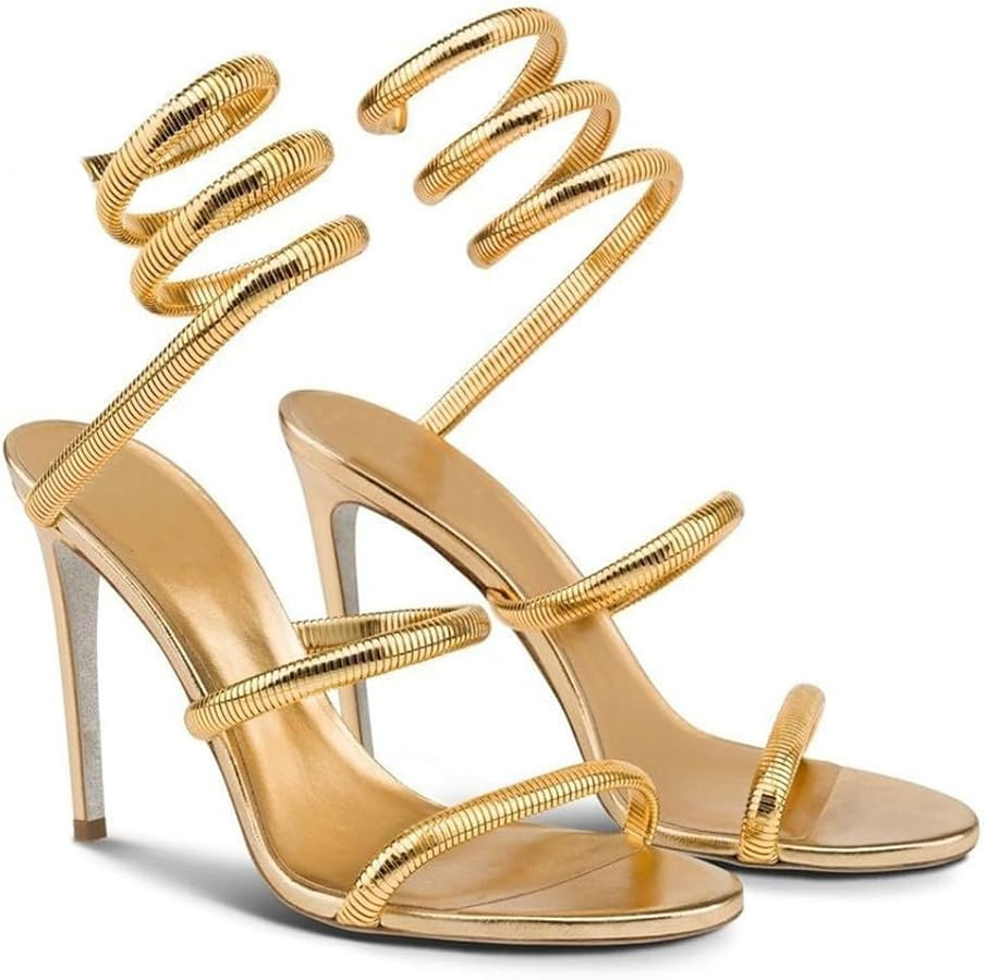 Perixir Gold Sparkly Rhinestone Heeled Sandals, Women's Snake Wrap 2023 Club Stiletto Heels, 3.9"... | Amazon (US)