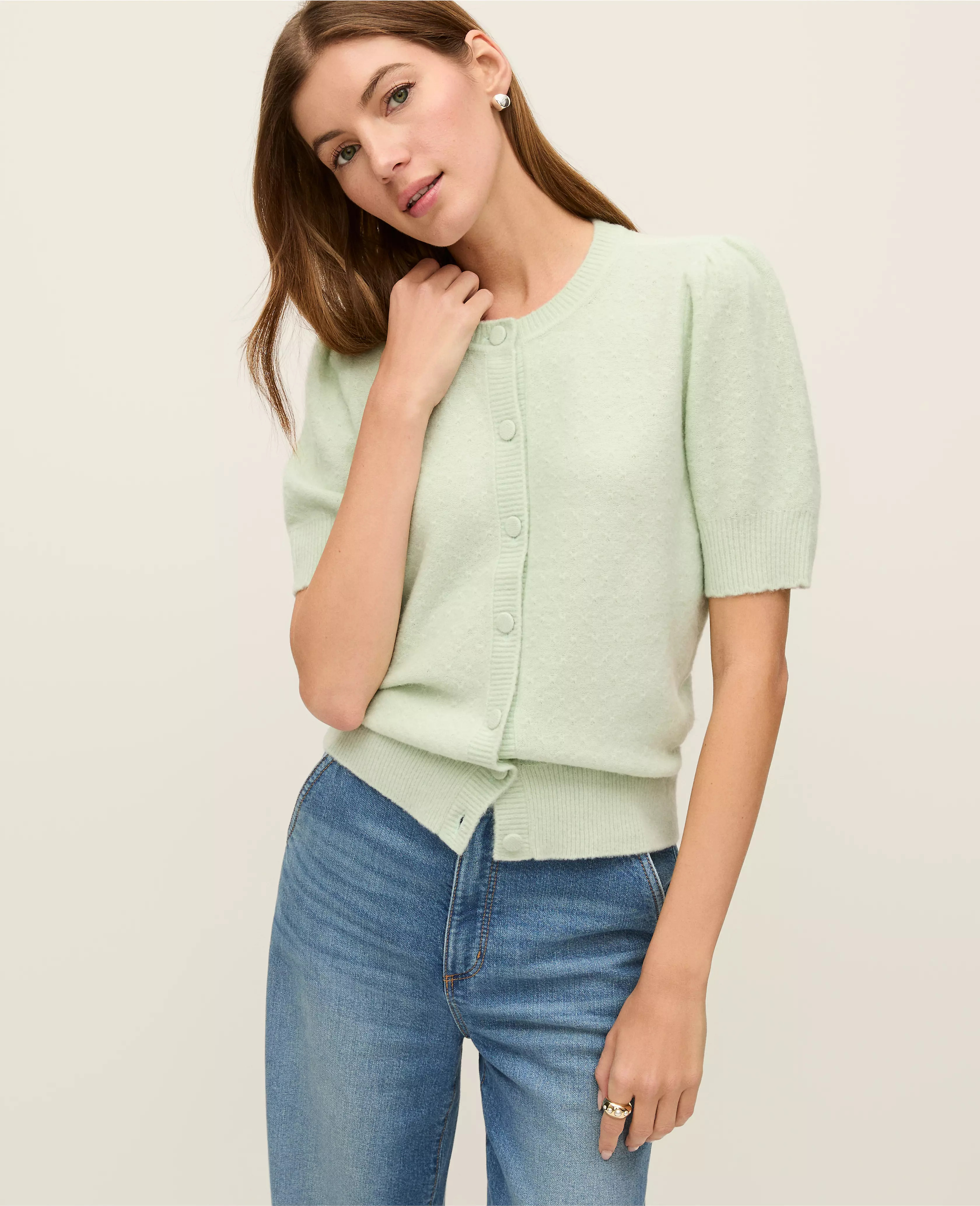 Weekend Collection Pointelle Crew Neck Cardigan | Ann Taylor