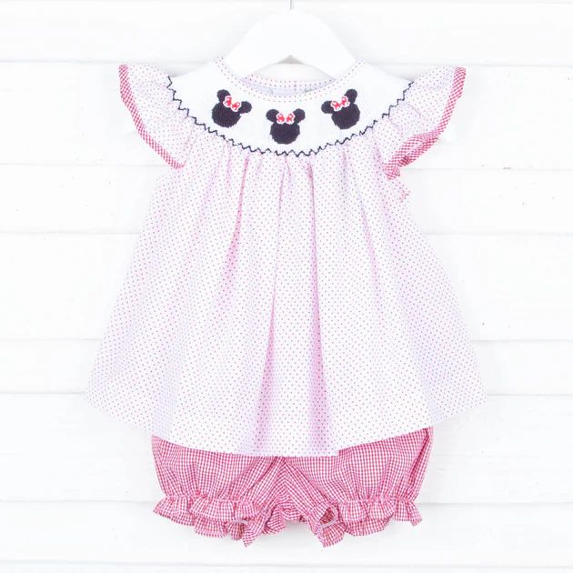 Mouse Ears Smocked Angel Sleeve Bloomer Set Red Dot | Classic Whimsy