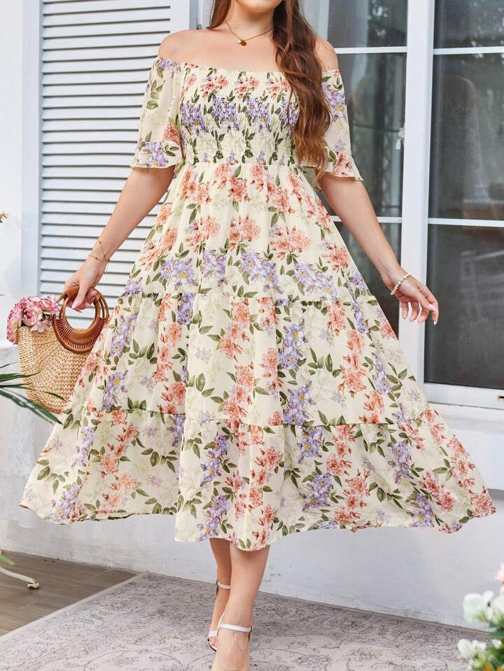 SHEIN Privé Plus Size Off Shoulder Floral Print Dress | SHEIN