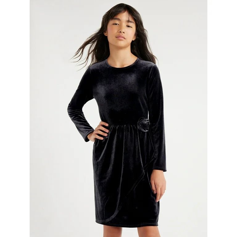 Scoop Girls Rosette Velvet Dress with Faux Wrap Front, Sizes 4-18 | Walmart (US)