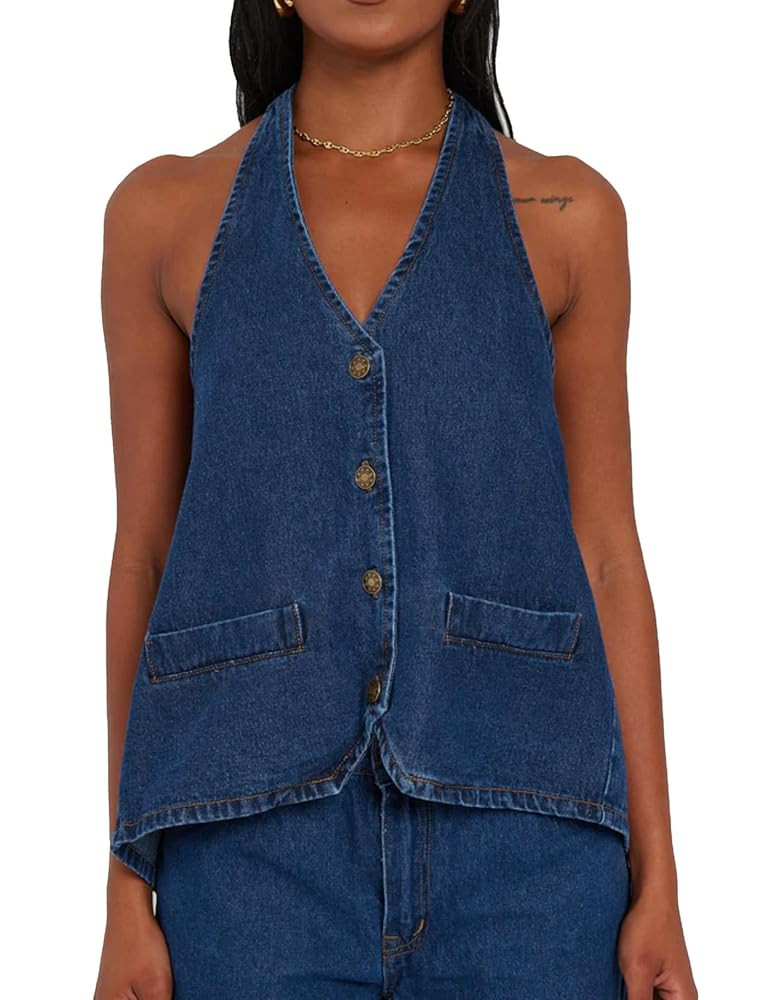 Kedera Women's Tie Up Denim Vest Button Down Backless Denim Tank Top V Neck Sexy Loose Fashion Cr... | Amazon (US)