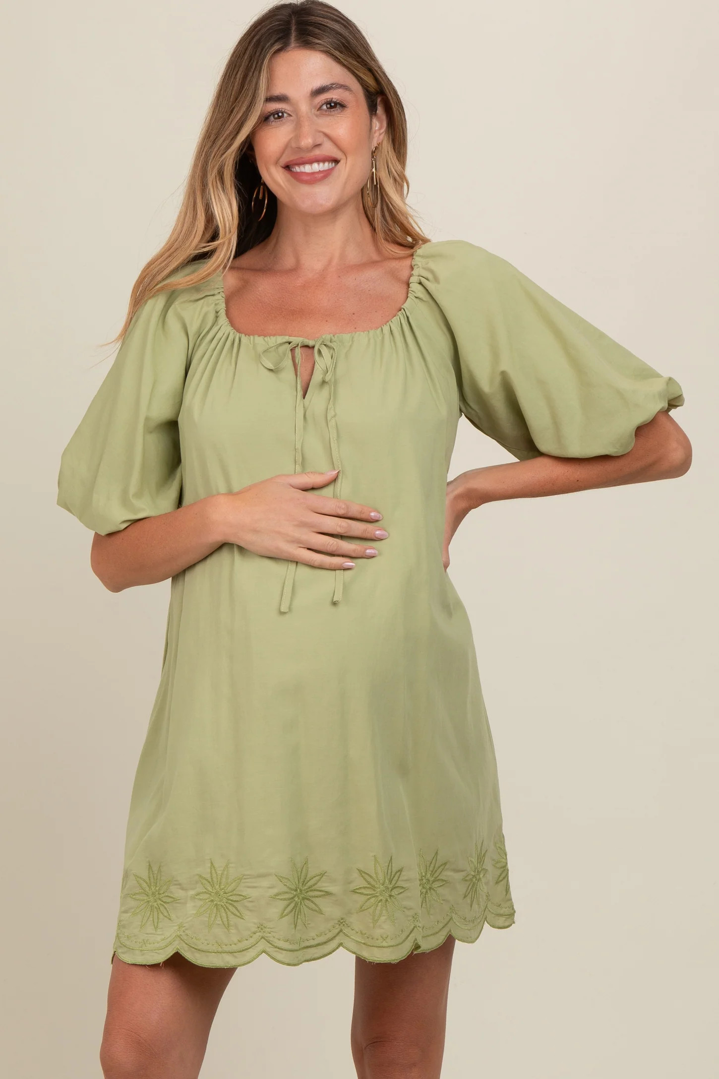 Light Olive Embroidered Puff Sleeve Maternity Dress | PinkBlush Maternity