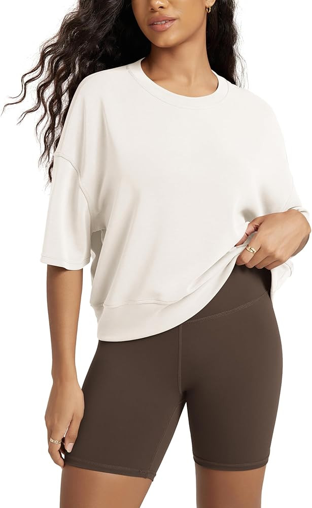 ODODOS Modal Soft Short Sleeve T-Shirts for Women Oversized Crew Neck Tee Relaxed Pullover Tops | Amazon (US)