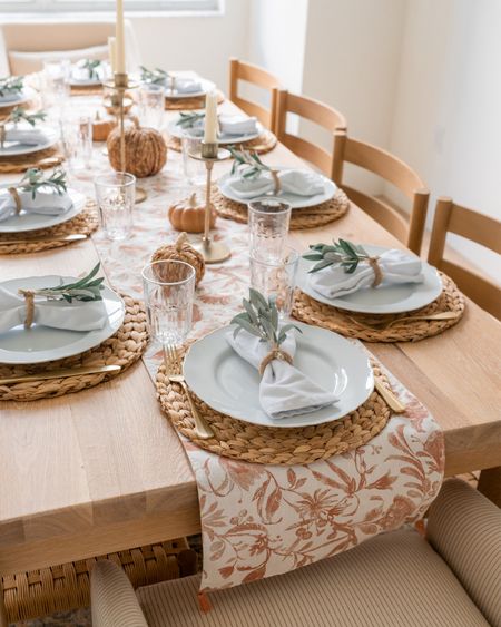 Thanksgiving and Holiday tablescape! Love these scalloped plates, woven chargers, olive branch napkin rings, gold silverware and floral runner

#LTKunder50 #LTKHoliday #LTKhome