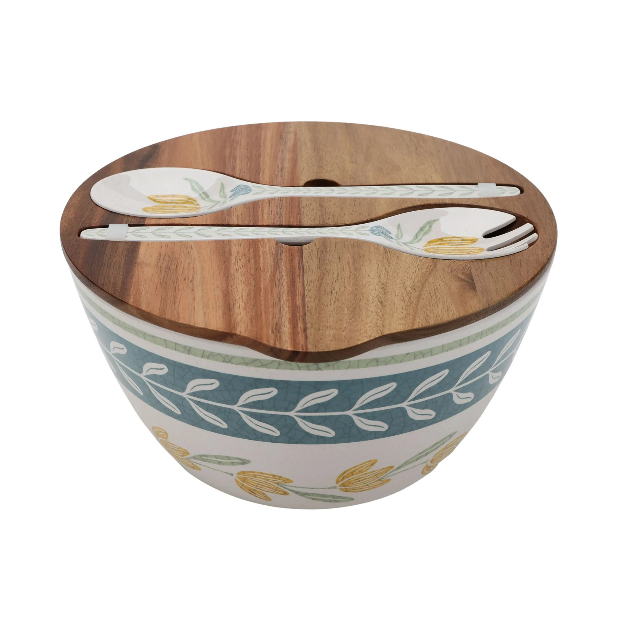 Better Homes and Gardens Bamboo Melamine Floral Salad Bowl Set with Acacia Lid and Utensils | Walmart (US)