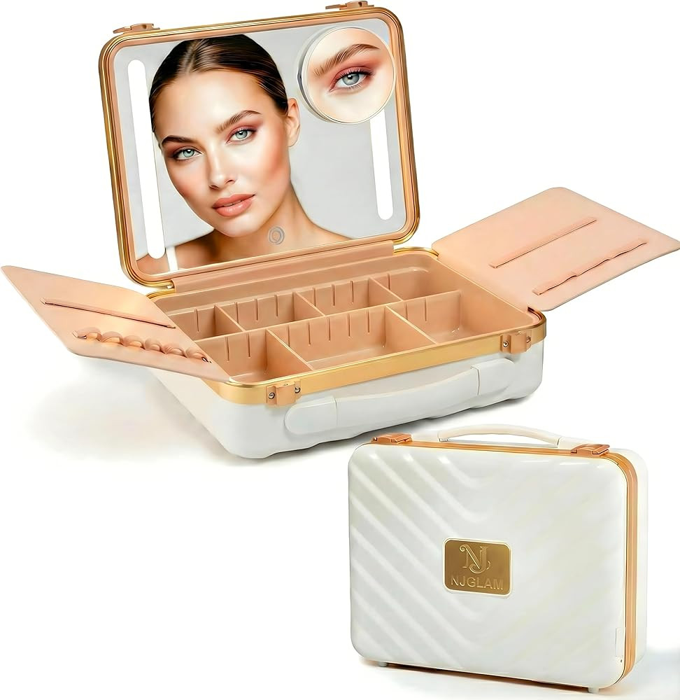 NJ GLAM Lighted Makeup Case with Mirror - Portable Travel Makeup Organizer with LED Mirror, 3 Lig... | Amazon (US)