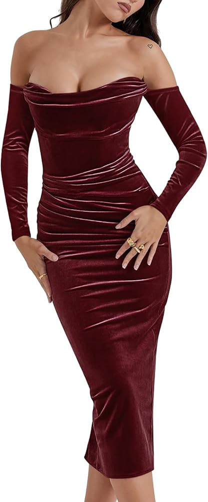 GOBLES Women's Sexy Velvet Off The Shoulder Long Sleeve Ruched Bodycon Mini Cocktail Dress | Amazon (US)