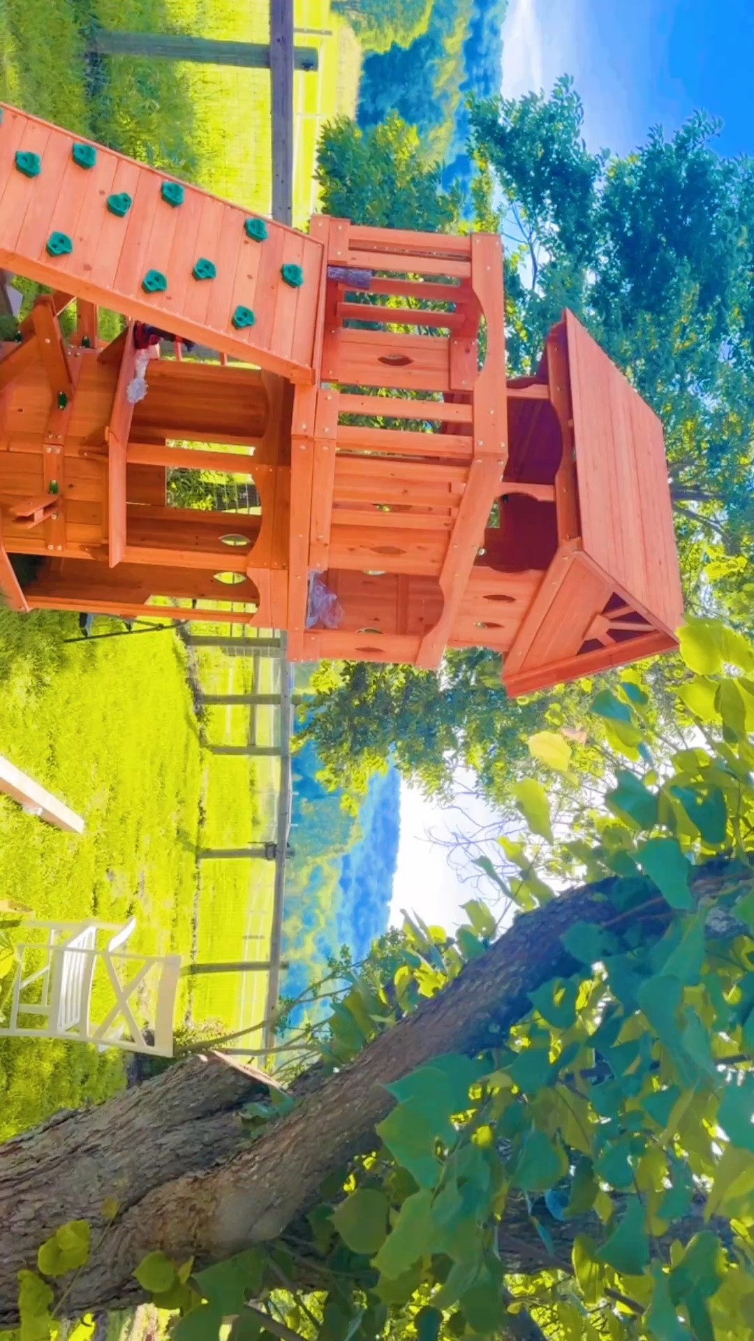 Eek!!! 🤭 The treehouse 🌳 playset is really coming together now!! 👏🏽 Now to add the swingset portion and slide 🛝,  the little door 🚪 down below, and the picnic table seats 🪑 underneath!! 😍 I’m not kidding when I say I’ve been researching and looking at playsets for YEARS 🥰 - and this one checks ✔️ all the boxes and is better than I could’ve dreamed of 💭 for our babies 👶🏼 out here on the farm!! 🌾
