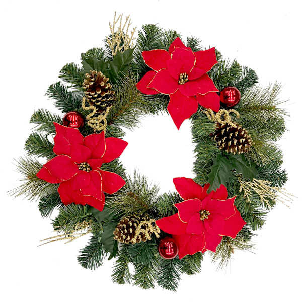 Red Poinsettia & Pinecone Wreath, 24" | At Home