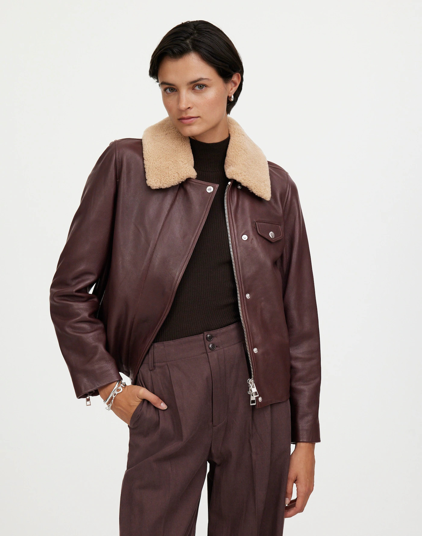 Sherpa-Collar Asymmetric Zip-Front Jacket in Leather | Madewell