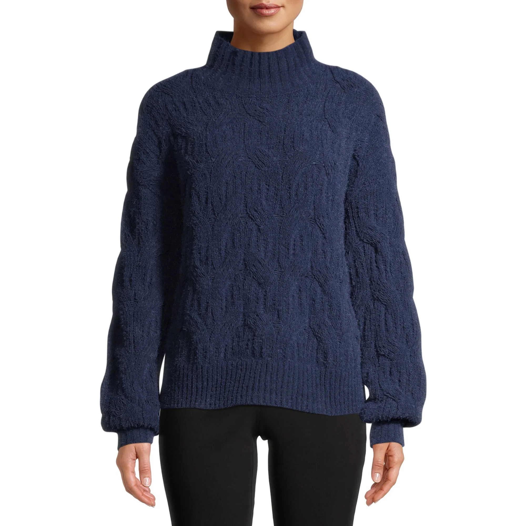 Time and Tru Women's Mockneck Cable Knit Sweater | Walmart (US)