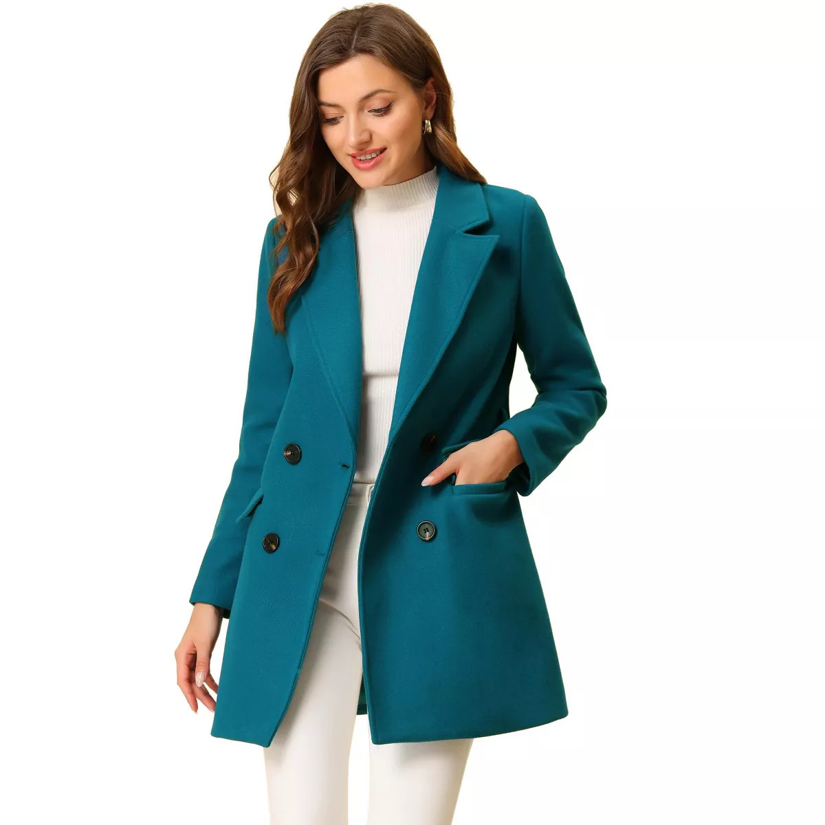 INSPIRE CHIC Women's Notch Lapel Double Breasted Belted Mid Long Outwear Winter Coat | Target