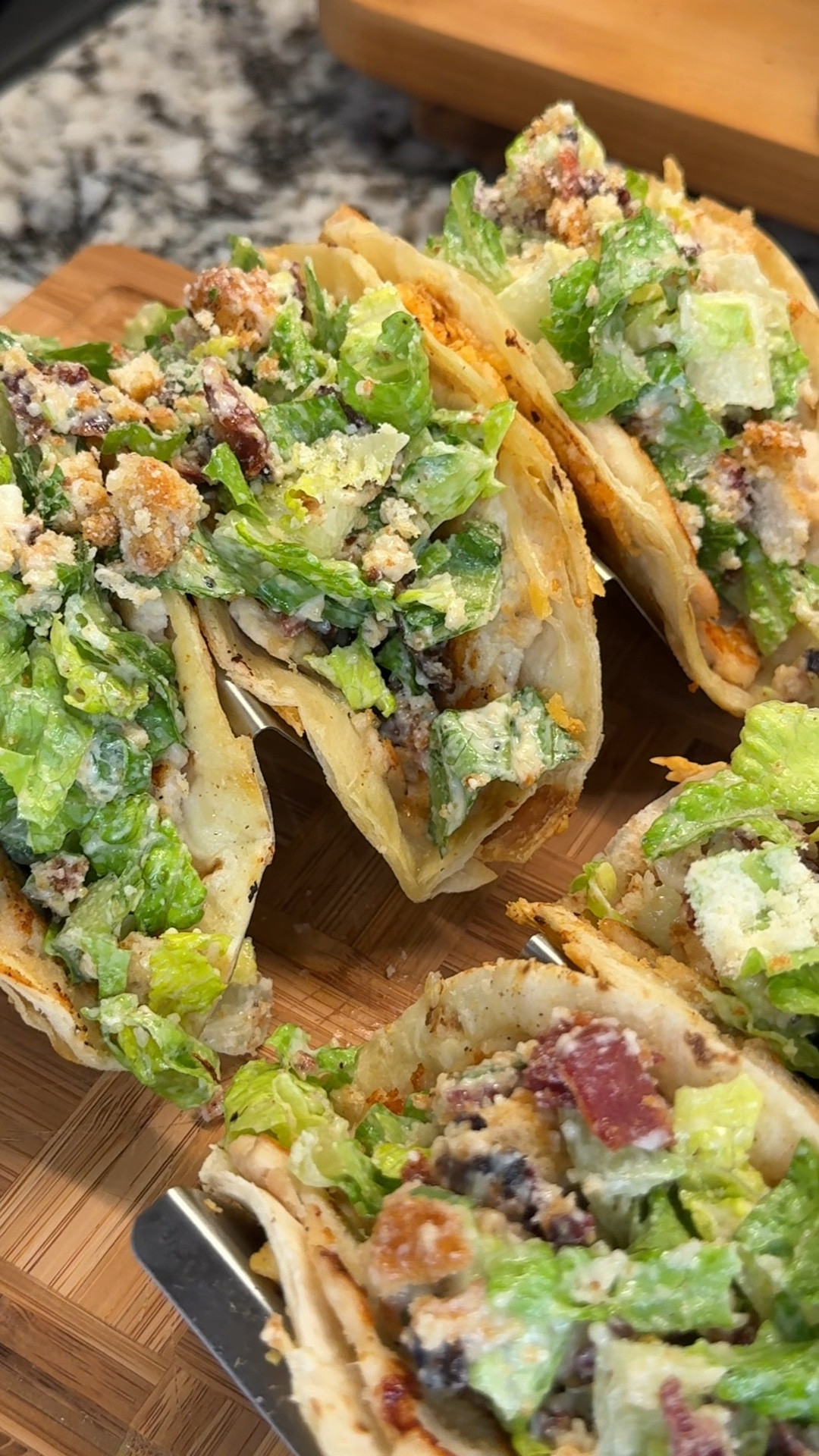 totally hooked on these chicken caesar smashed tacos with a crispy parmesan shell🍗🧀🌮 the bacon, crushed croutons, and creamy dressing make every bite irresistible – it’s the perfect weeknight meal you’ll have on repeat✨

you’ve got to try these, they’re next-level good! shout out @Bailey Campbell for the recipe inspo🫶

ingredients:
- 6 small flour tortillas
- 1 lb ground chicken
- 1 tsp salt
- 1 tsp pepper
- 1/2 tsp onion powder
- 1/2 tsp garlic powder
- 1 tbsp olive oil for frying
- head romaine lettuce, chopped
- 5 pieces bacon, cooked and chopped
- 1/3 cup finely grated parmesan
- 1/2 cup croutons, crushed
- 1/4 cup green onion, chopped
- about 1/3 cup caesar dressing

#LTKSeasonal #LTKHome #LTKFamily