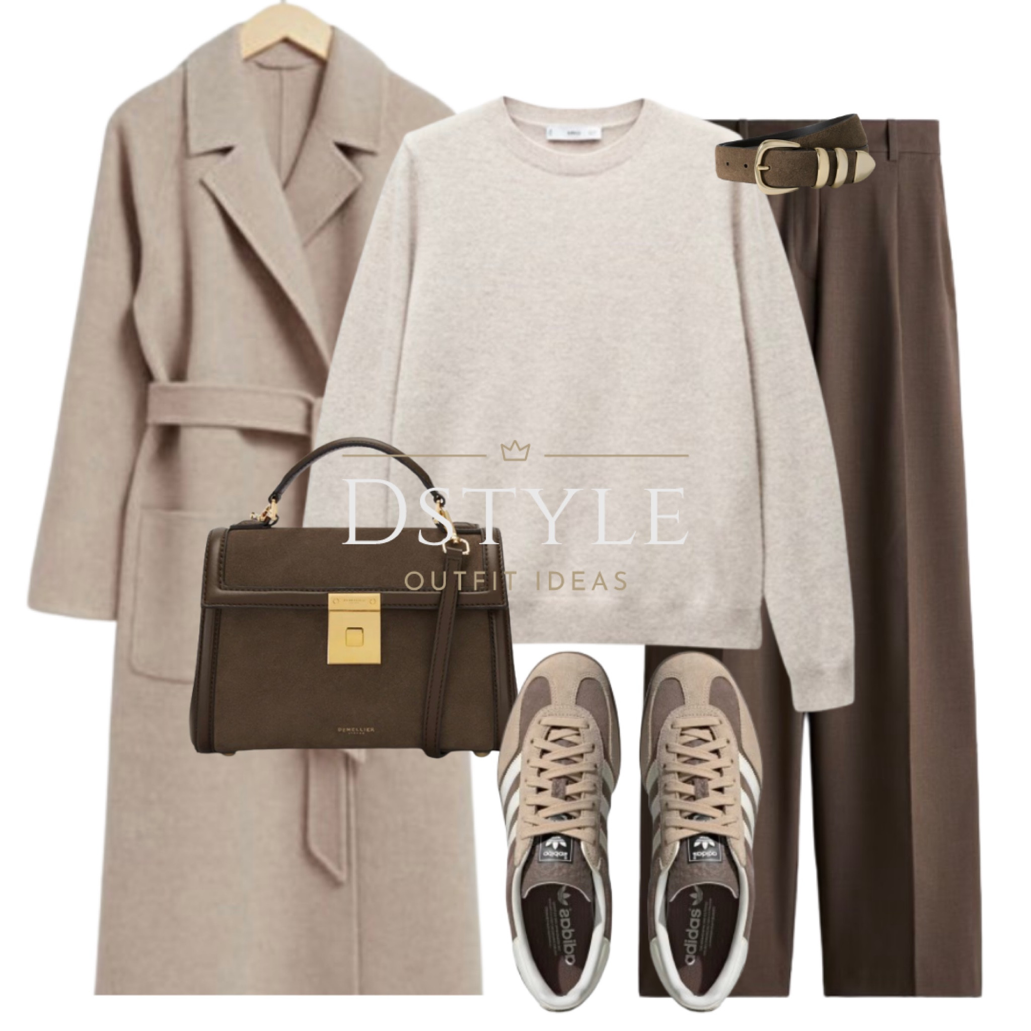 Belted wool coat in sand melange, light pastel grey 100% cashmere sweater/jumper, dark brown wide trousers, brown Adidas Gazelle Indoor sneakers/ trainers, brown suede bag

#LTKWorkwear #LTKShoeCrush #LTKItBag
