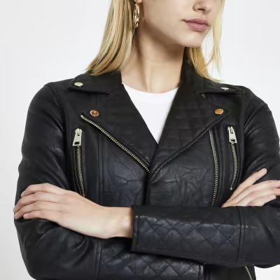 Black faux leather quilted biker jacket | River Island (US)