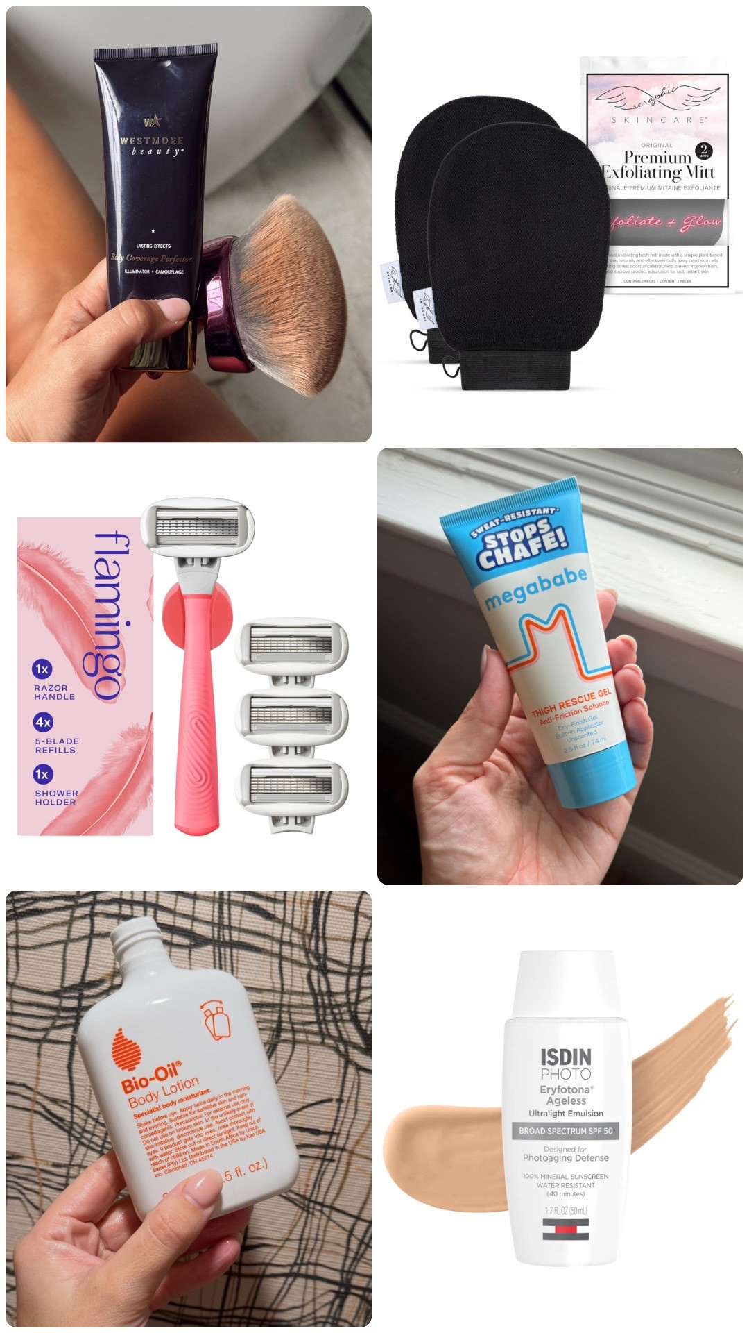 Summer skin prep essentials! My favorite body coverage perfector (wear shade golden radiance), exfoliating mitt, new razors I’ve been testing, the best anti-chaffe gel, my go-to body lotion, tinted SPF

#LTKgrwm #LTKSeasonal #LTKBeauty
