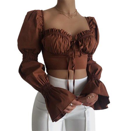 Kiapeise Women Sexy Corset Blouse Flared Long Sleeve Crop Tops Front Ruched Lace UP Tee Shirt Peplum | Walmart (US)