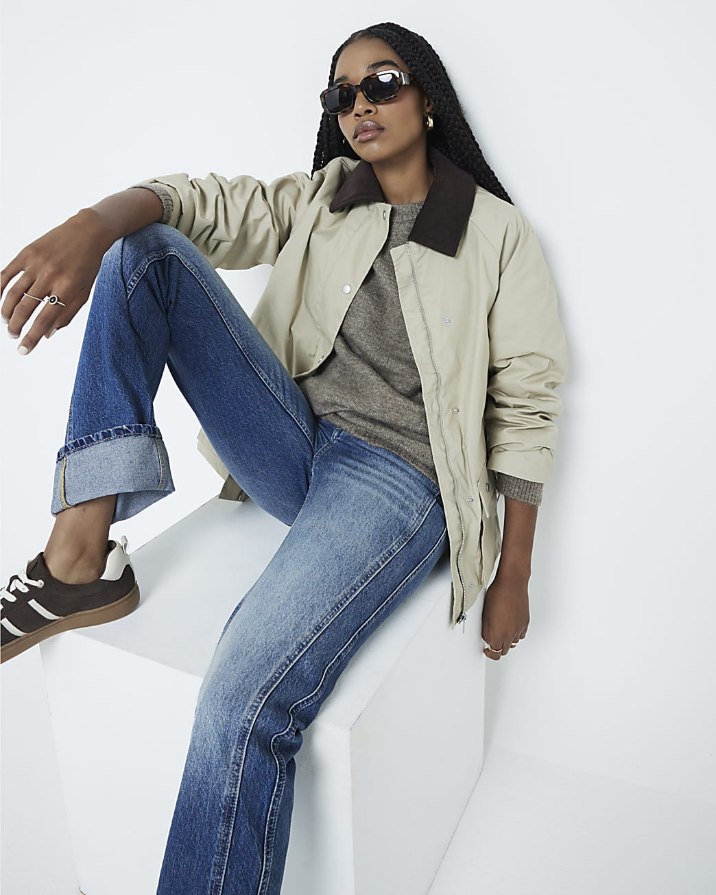 Cream Long Line Barn Jacket | River Island (UK & IE)