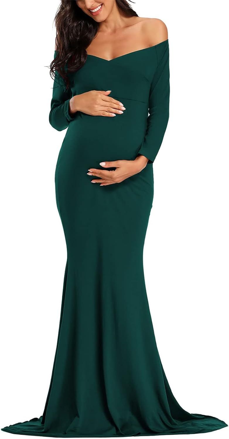 Ecavus Women's Off Shoulder Maternity Dress Slim Cross-Front V Neck Long&Short Sleeves Gowns for ... | Amazon (US)