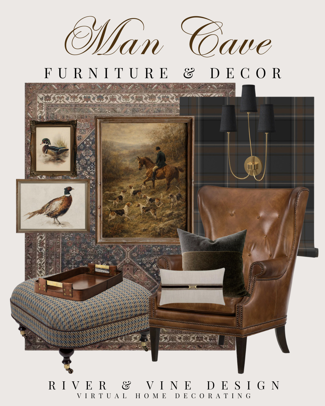 A man cave does not have to mean oversized recliners and sports memorabilia everywhere. This version feels classic, masculine, and layered with leather, plaid, hunting-inspired art, a patterned rug, warm wood, and aged brass lighting.

Design formula: leather chair + patterned rug + vintage-style art + brass lighting + one unexpected fabric pattern. That mix keeps the space feeling personal without looking cluttered.

Save this for man cave decor, masculine home office ideas, traditional game room inspiration, and classic furniture finds.

I may receive a commission from purchases made through my links. 

 #LTKHome
