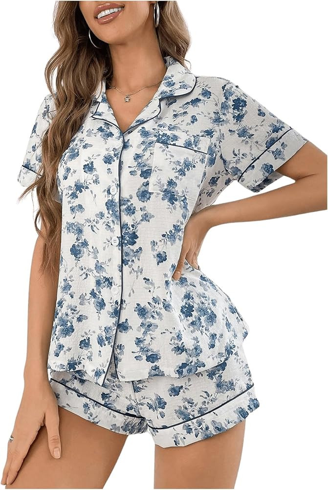 SHENHE Women's 2 Piece Pajama Set Bow Short Sleeve Lapel Shirt Pj Short Set | Amazon (US)