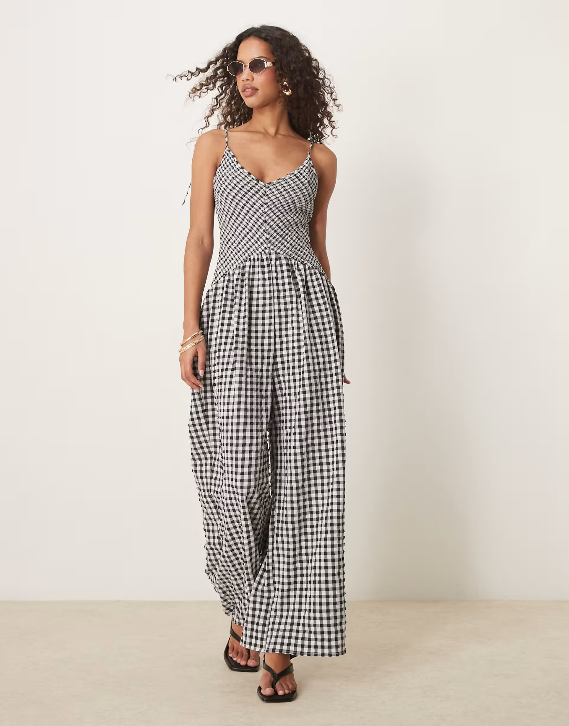 ASOS DESIGN V neck poly crinkle dropped waist jumpsuit in gingham | ASOS | ASOS (Global)