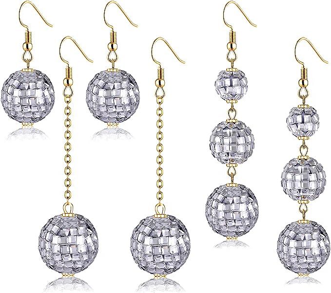 YAHPERN 3Pairs Disco Ball Earrings for Women, 60s 70s Outfits Costume Accessory, Statement Dance ... | Amazon (US)