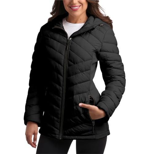 Reebok Womens Puffer Jacket - Midweight Quilted Snow Glacier Shield Full Zip Winter Coat for Women with Hood & Zip Pockets, Size Small, Jet Black | Amazon (US)