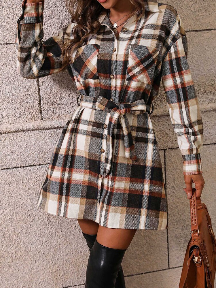 Plaid Print Drop Shoulder Belted Shirt Dress | SHEIN