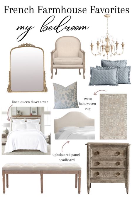 All your favorite furniture and decor from my bedroom sourced in one place!
French Farmhouse, home decor, primary bedroom, bedroom decor, chair, bed, headboard, mirror, pillows, bedding, rug, chandelier, dresser, nightstand 

#LTKhome #LTKunder100
