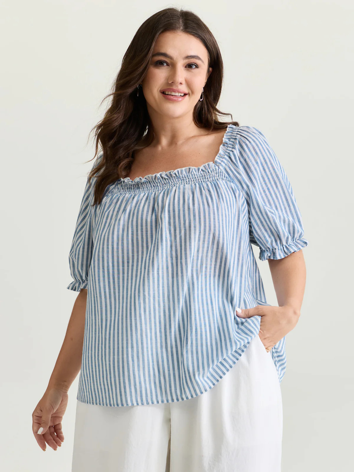 Cotton Striped Shirred Bust-Friendly Neckline Blouse | Bloomchic