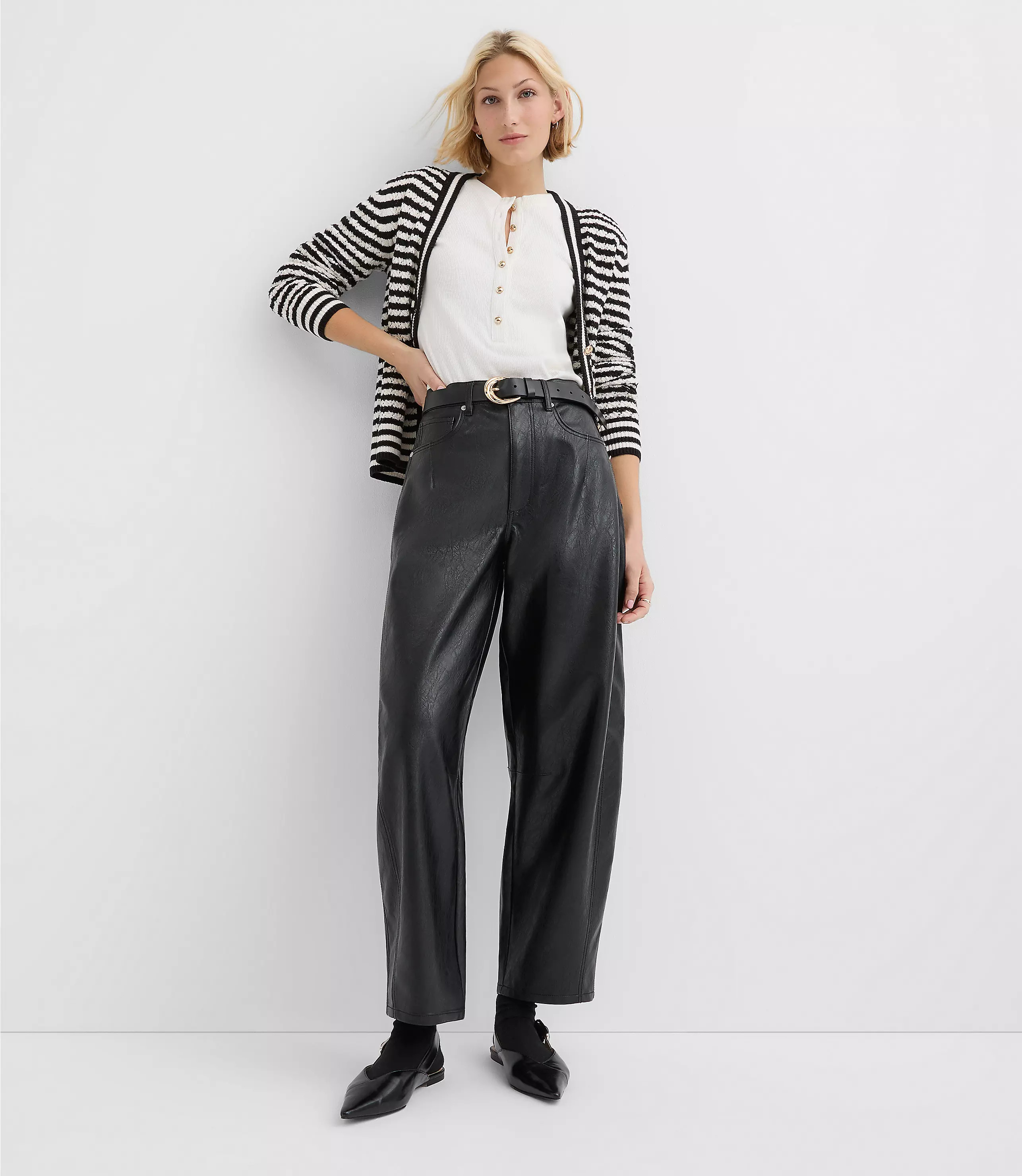 High Rise Horseshoe Seamed Barrel Jeans in Faux Leather | LOFT