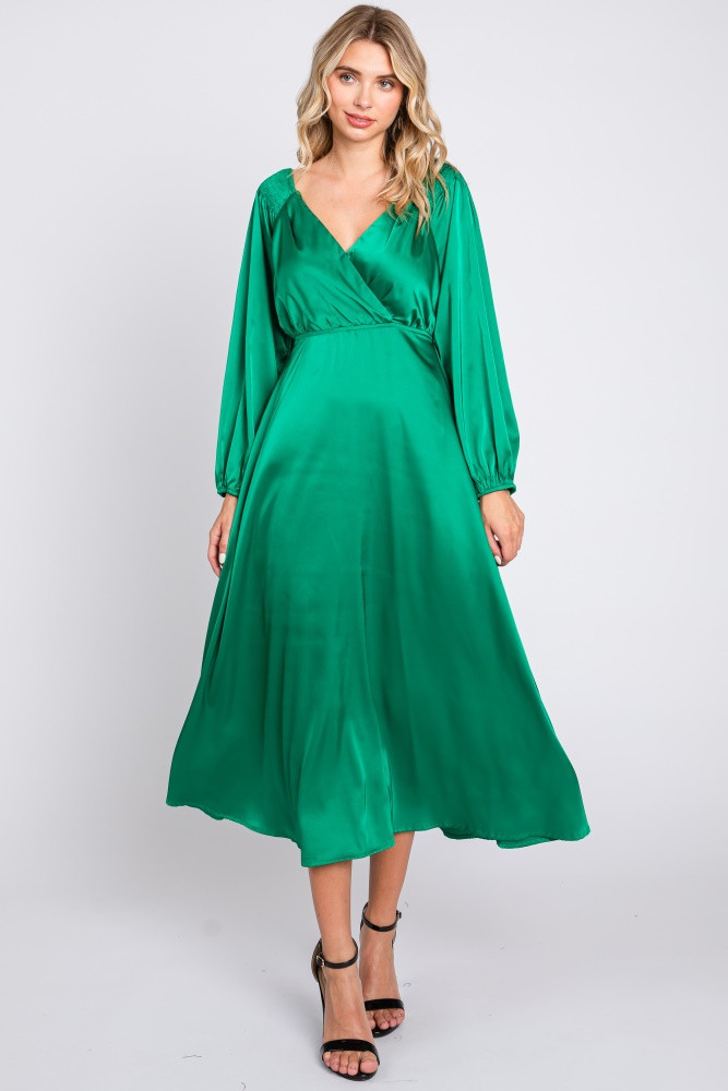 Green Satin Wrap Top Midi Dress | PinkBlush Maternity