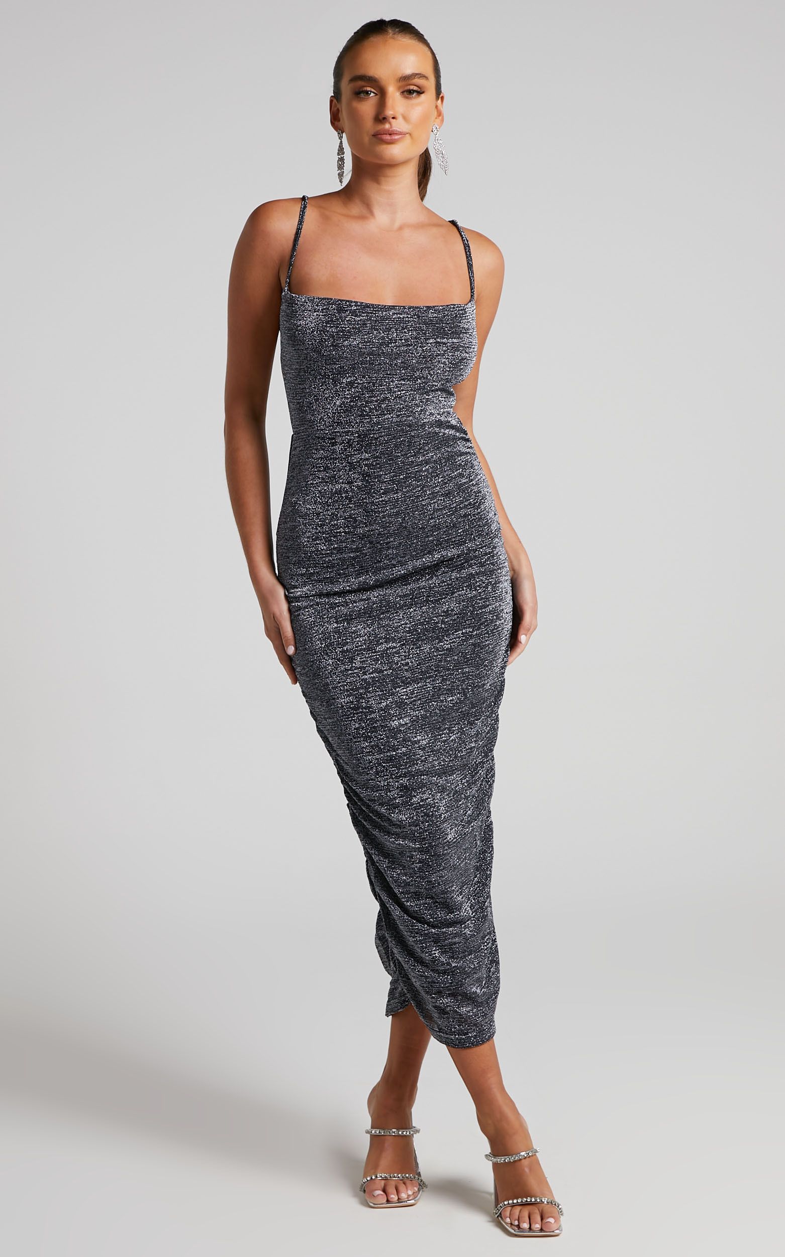 Roma Ruched Cowl Neck Midi Dress in Silver | Showpo (US, UK & Europe)