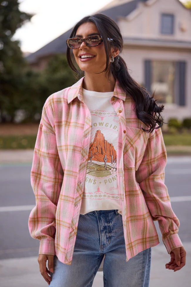 Rory Pink And Brown Plaid Flannel Top | Pink Lily