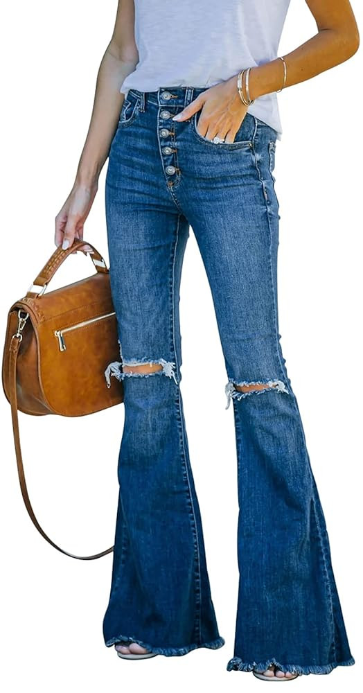 BISUAL Women's Black Bell Bottom Jeans for Women High Waisted Flare Jeans Womens Ripped Stretchy ... | Amazon (US)