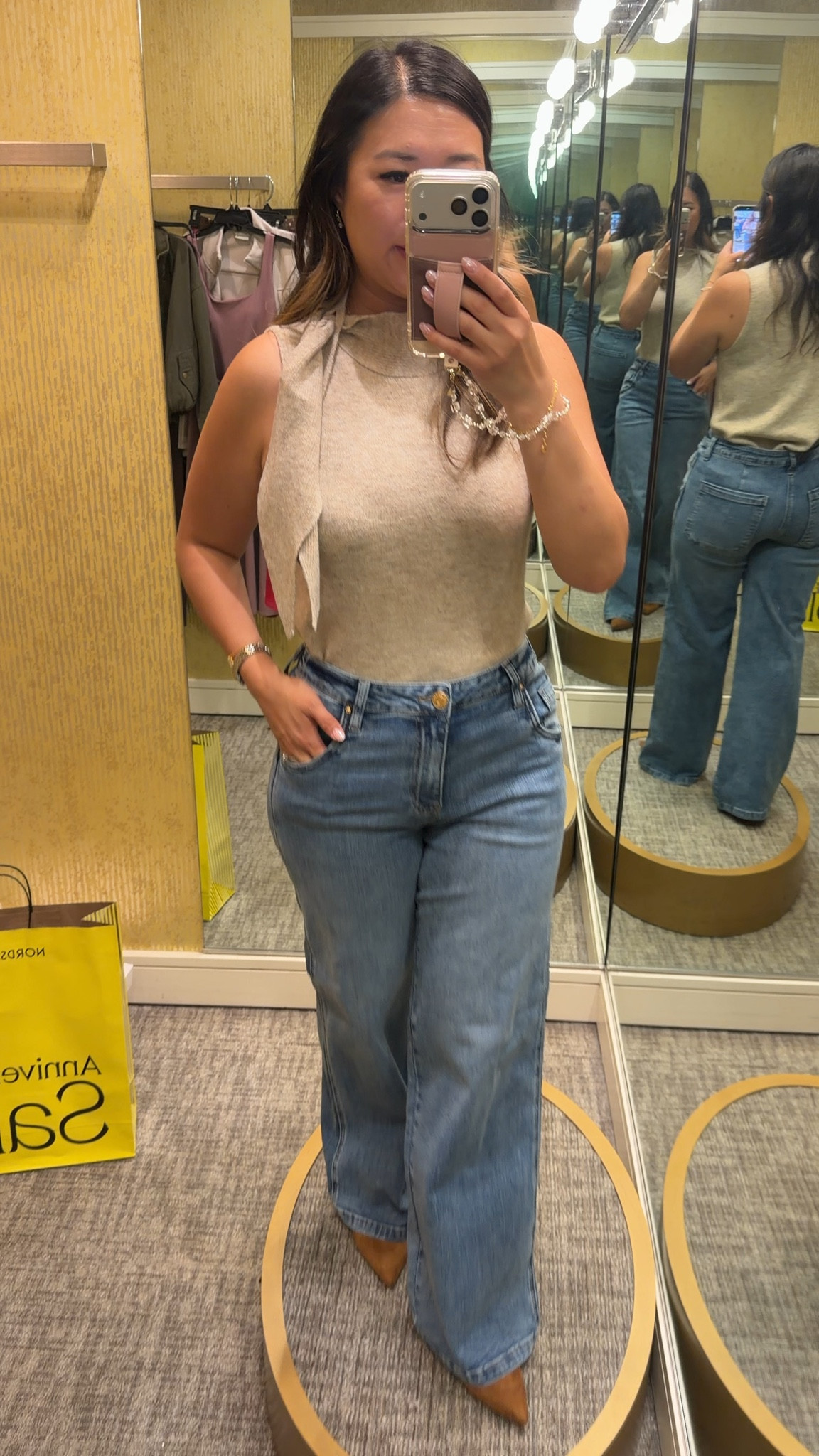 Nordstrom Sale
Tie Sweater Tank: Small
Wide Leg Jeans: 6 (could size down)