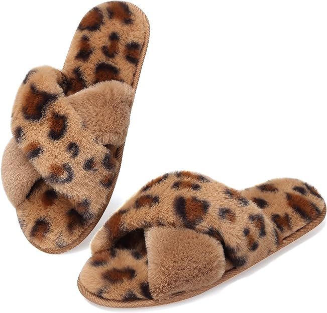 Women's Cross Band Slide Slippers Soft Plush Furry House Shoes Non Slip Indoor Outdoor Slippers C... | Amazon (US)