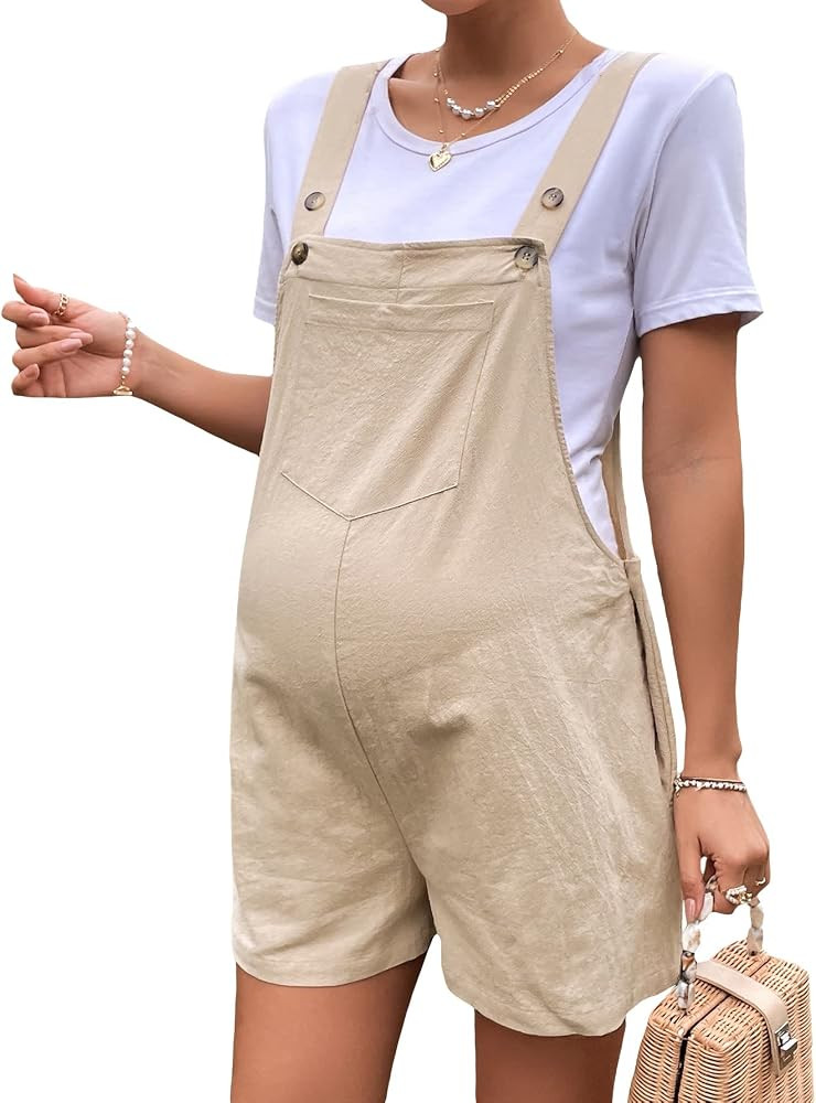 OYOANGLE Women's Maternity Overall Shorts Tie Knot Strap Short Romper Jumpsuit with One Pockets | Amazon (US)