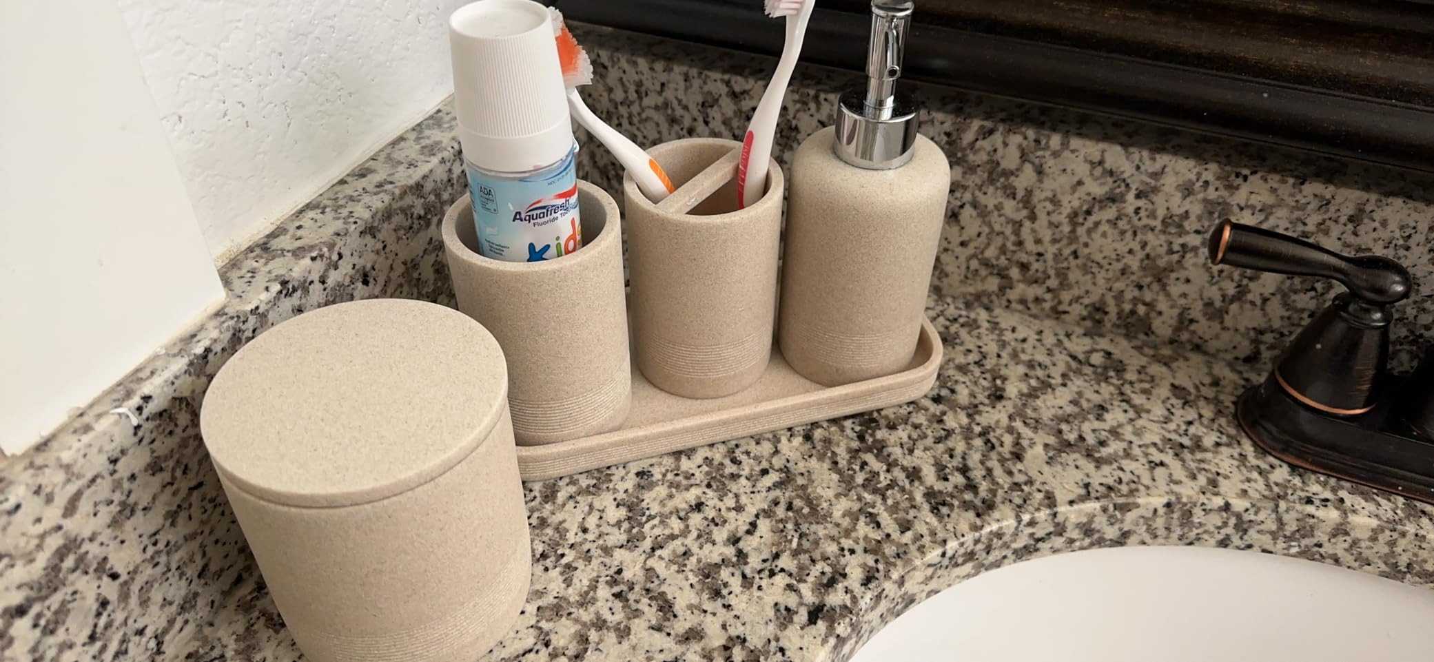 ZCCZ - Beige Bathroom Accessories Set 6 Pcs - Toothbrush Holder, Lotion Soap Dispenser, 2 Qtip Ho... | Amazon (US)