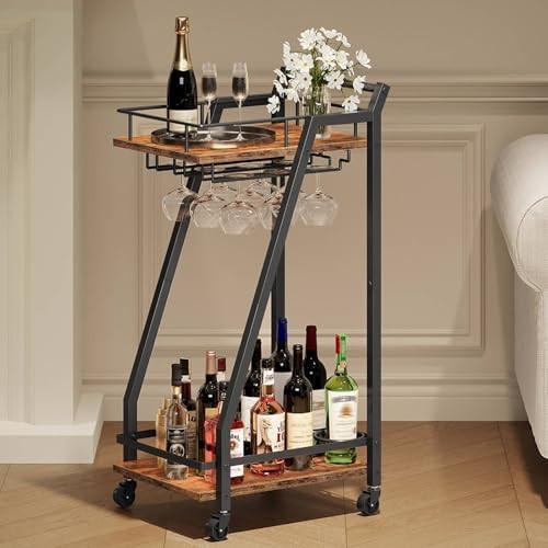 HOOBRO Bar Cart, Home Bar Serving Cart, Kitchen Cart, Rolling Beverage Cart & Wine Rack and Glass Holder 2 Storage Shelves, Cocktail Cart for Home Dining Party, Rustic Brown and Black BF27TC01 | Amazon (US)