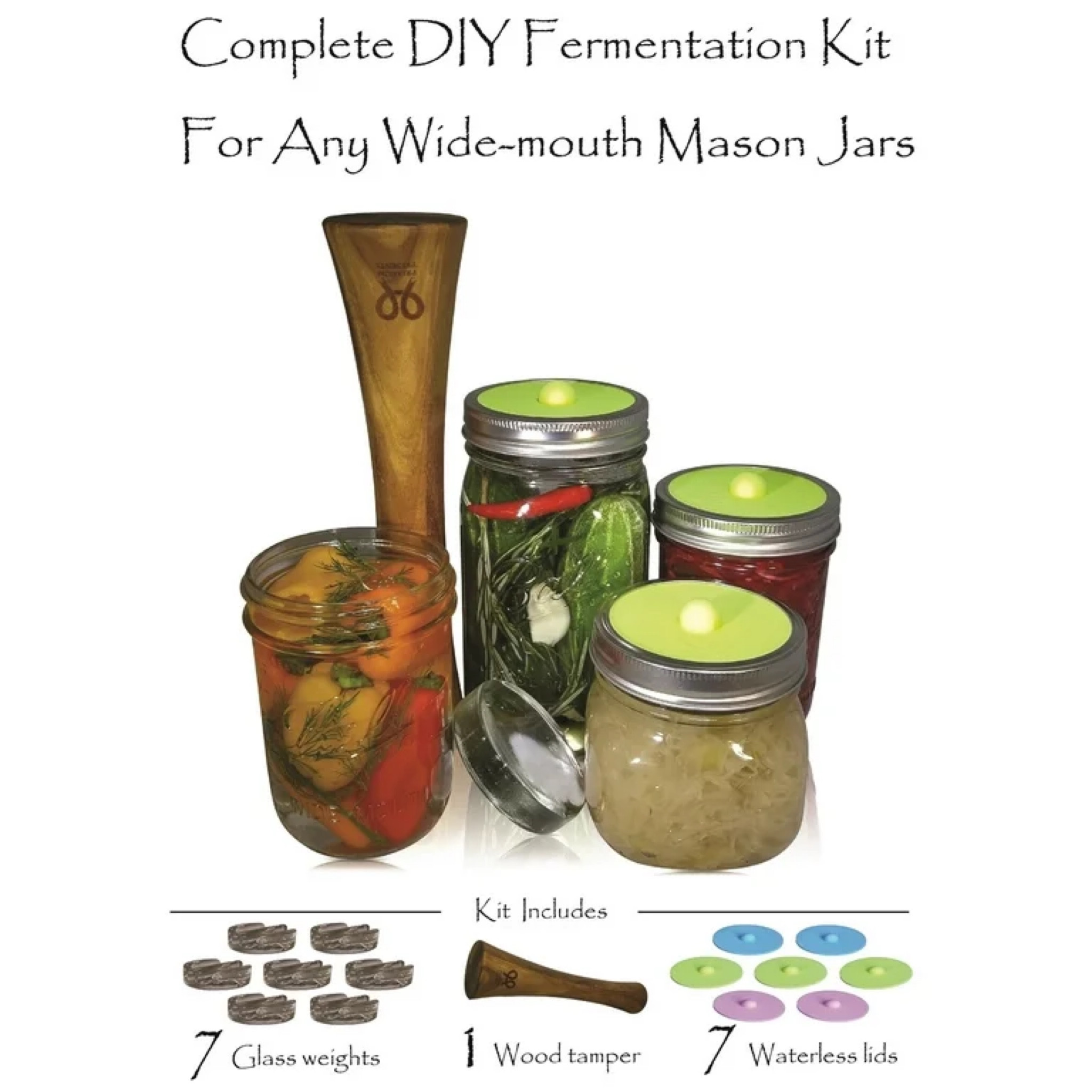 Canning kit. Complete DIY fermentation kit for wide mouth mason jars or pickling jars for 7 sets for making pickles, sauerkraut, kimchi, etc Glass weights, tamper, airlock lids, and recipe included.

#LTKSpringSale #LTKhome #LTKMostLoved