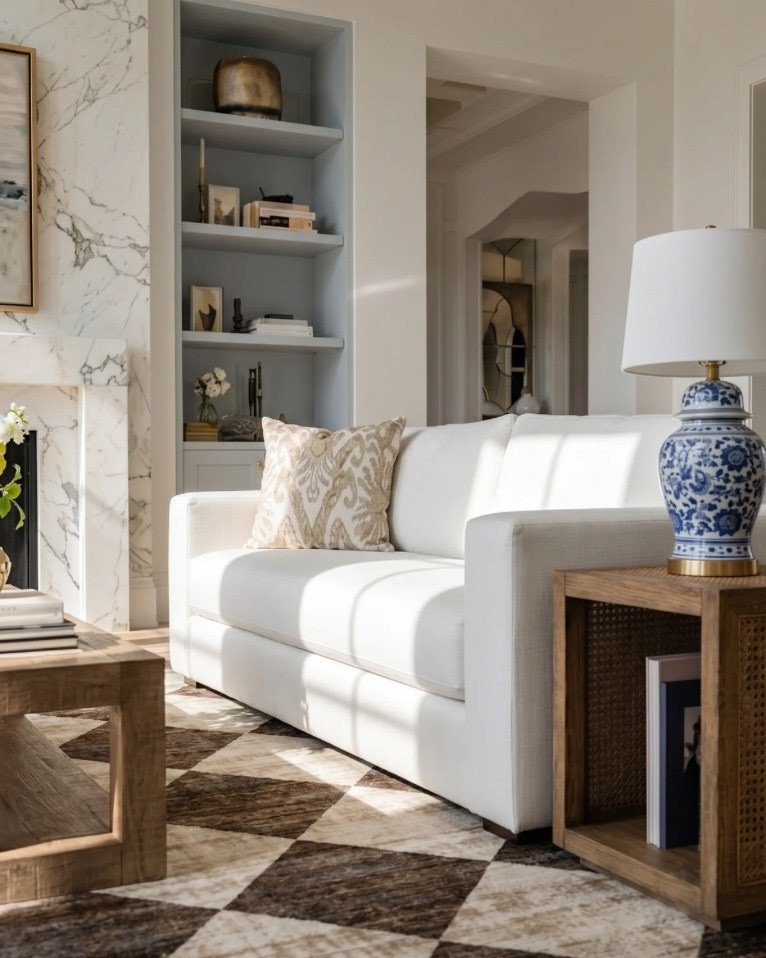• White upholstered sofa (modern clean lines)
• Light wood frame accent chair (neutral cushion)
• Chunky knit throw blanket (cream / beige)
• Light wood rectangular coffee table (minimal / modern)
• Neutral checkered area rug (brown / cream pattern)
• Marble fireplace surround (white with gray veining)
• Large abstract landscape wall art (neutral tones, gold frame)
• Built-in shelving (painted soft gray)
• Decorative books (neutral stacked styling)
• Small ceramic decor objects (matte black / stone finish)
• Brass candle holders (modern minimal)
• Glass decorative vases (clear / smoked)
• Wood ceiling beams (light natural finish)
• Round flush mount ceiling light (white globe)
• Ceramic vase (rounded neutral tone) • Fresh floral arrangement (yellow + white flowers) • Decorative tray (light wood or stone) • Stacked coffee table books (neutral covers) • Small brass sphere decor object
• Light wood side table (open shelf design) • Blue and white ceramic ginger jar • White table lamp (fabric shade, brass detail)
• Light wood sideboard cabinet (cane / woven door fronts) • Cane panel credenza (natural oak finish) • Blue and white ceramic ginger jars (traditional style) • White ceramic bowl (centerpiece decor) • Brass decorative tray (organic shape) • Floral still life wall art (gold frame) • Neutral floral wallpaper (textured / vintage style) • Brass wall sconces with white glass shades • White table lamp with brass hardware • Large ceramic table lamp base (blue/white pattern)

#LTKsale #LTKhome #LTKstyletip