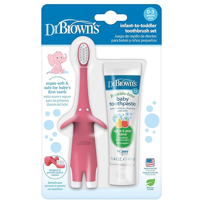 Dr. Brown's Infant-to-Toddler Training Toothbrush Set, Pink Elephant with Fluoride-Free Apple Pea... | Amazon (US)