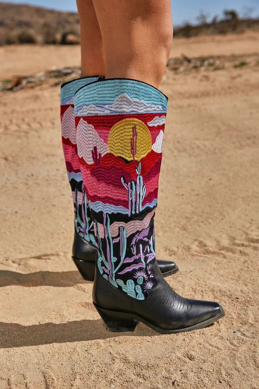 Leather Embroidered Landscape Print Knee High Western Boot | Nasty Gal (US)